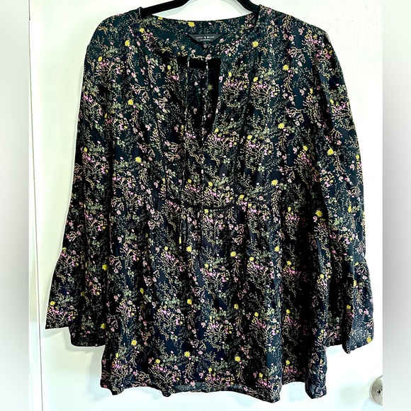 Lucky Brand Tunic Peasant Longsleeve Top Women’s Large Black Floral Print Blouse - Picture 1 of 6